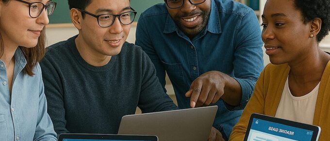 teachers and tech developers collaboratively designing educational software on digital devices